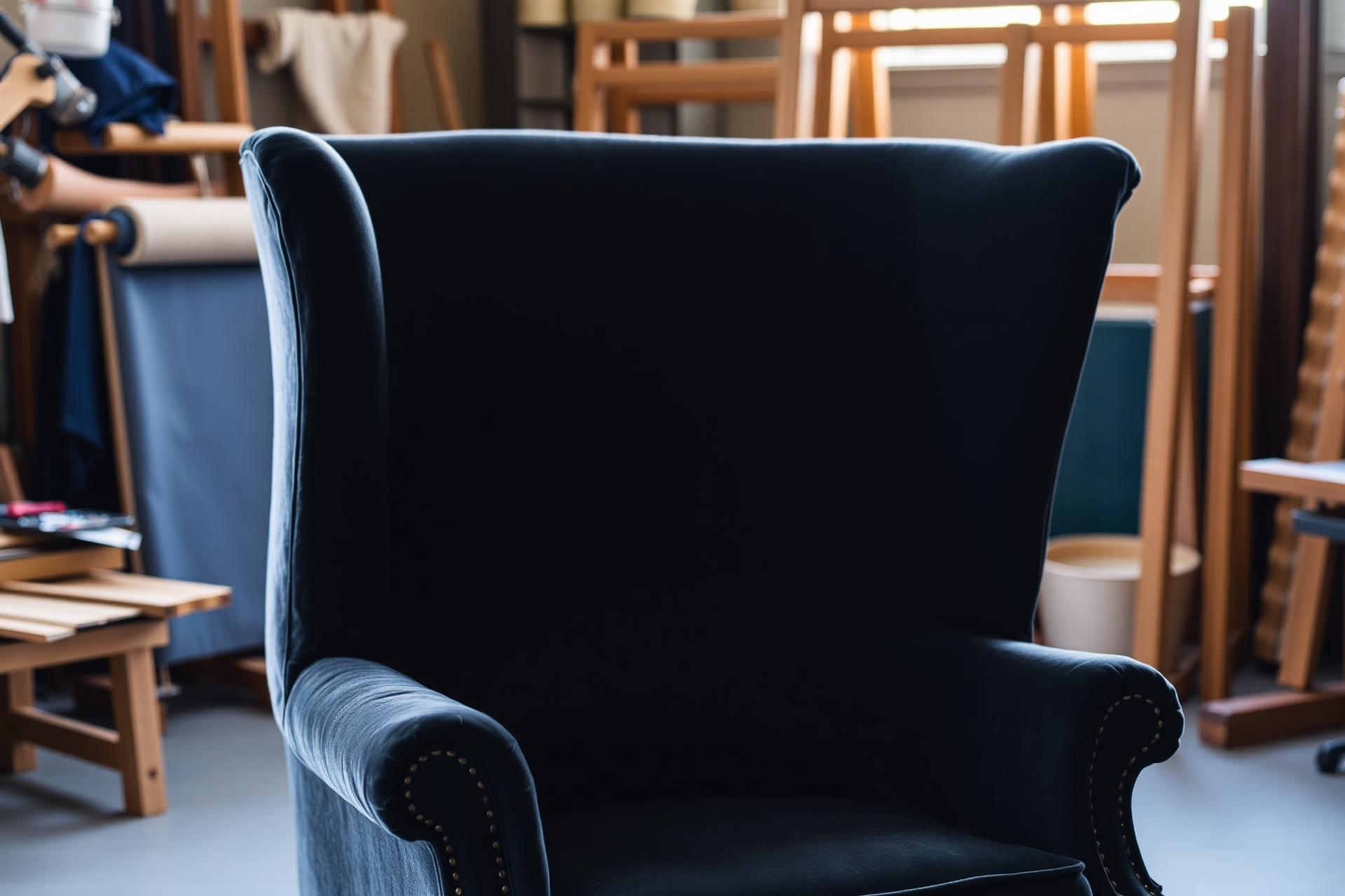 Beautifully reupholstered grey velvet wingback chair in the Artistry Upholstered workshop in Sarasota, Florida